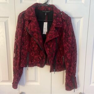 NWT Red Floral Lace Moto Jacket